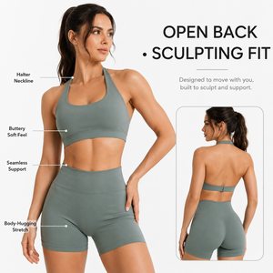 Conjunto de sujetador deportivo halter de yoga ultra suave y shorts de cintura alta con efecto fruncido y espalda abierta sin costuras para mujer, para gimnasio y fitness, con control de abdomen, acabado mate. - Product Image 3