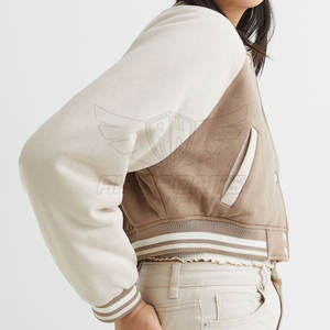 Veste universitaire en laine pour femmes Lettres brodées en gros Manches en cuir Vestes universitaires courtes en laine pour femmes - Product Image 4