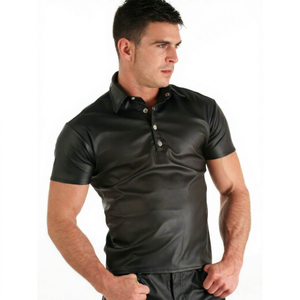 เสื้อเชิ้ตแขนสั้นผู้ชายสีดำ หนัง แต่งกระดุม สไตล์ลำลอง สีพื้น ใส่ได้ในฤดูหนาว ระบายอากาศได้ดี ผ้าถัก - Product Image 1