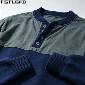 Custom Suede Panelled Knitted <b>Sweater</b> Henley Collar Contrast Shoulder Patch <b>Vintage</b> Pullover Smart Casual Wholesale Bulk - Product Image 6