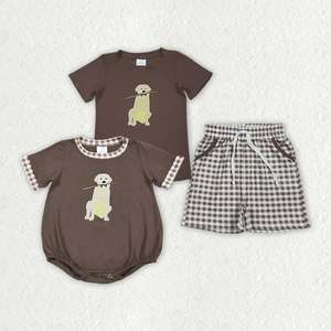 Mameluco de Manga Corta con Apliques de Perro Labrador y Ribete de Cuadros para Bebés Niños - Product Image 3