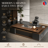 Meja Kantor Eksekutif Mewah Bentuk L dengan Finishing Kayu, Meja Direktur CEO, Furnitur Kantor High-End Grosir