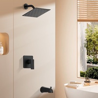 Système de douche mural encastré noir mat avec pommeau de douche pluie, mitigeur et bec de baignoire pour projets haut de gamme