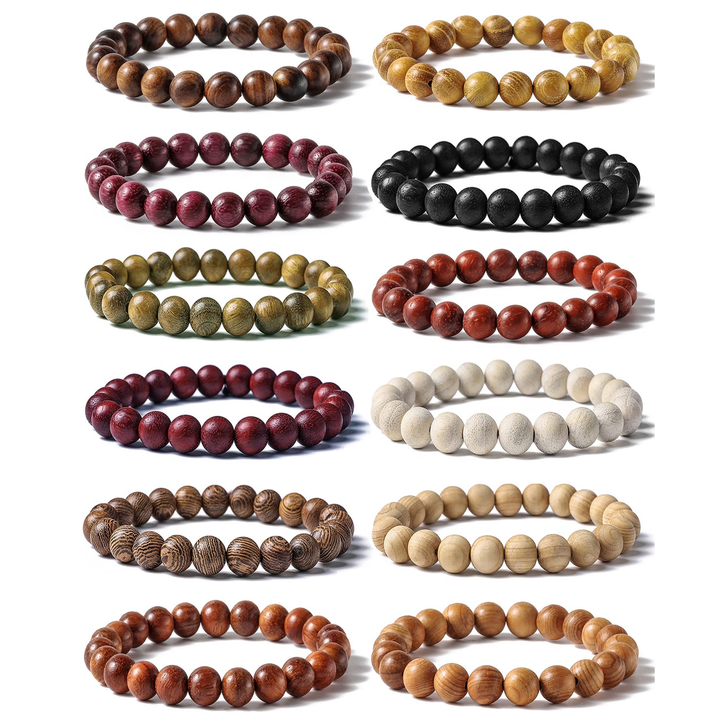 Bracciale Elastico In Legno Di Sandalo Nero, Perle 12mm - Gioiello Uomo/Donna, Ispirato Al Buddha