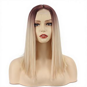 [Vera Synthetic] Peluca de Cabello Humano Sintético Estadounidense para Mujer, Color Degradado Marrón Rubio, 14 Pulgadas, Cabello <span class=keywords><strong>Corto</strong></span> Liso, Peluca con Encaje - Product Image 1