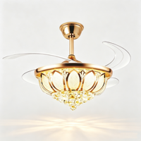 Ventilateur de plafond LED silencieux et dimmable Lotus Crystal Gold avec télécommande, rétractable, pour intérieur