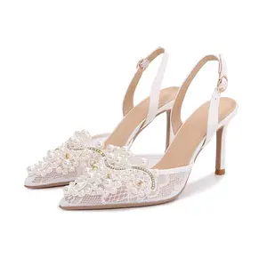 Sandali estivi donna eleganti sandali da sposa Slingback di lusso da donna scarpe da sposa moda in pizzo a punta per banchetti Bridals