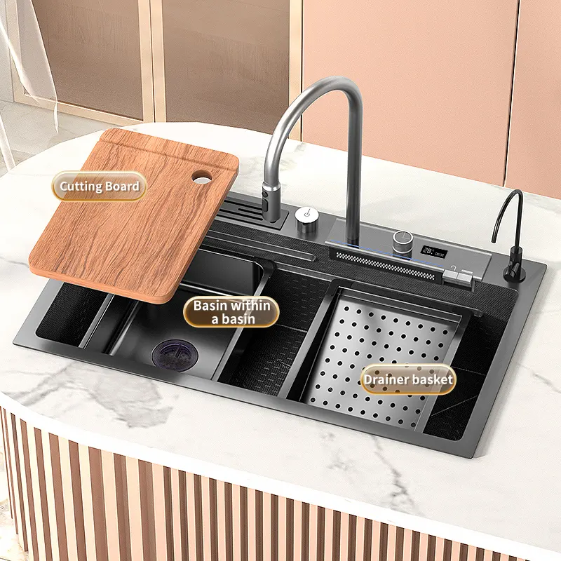 Évier de cuisine cascade en acier inoxydable intelligent avec porte-couteau grand lavabo à un seul bol ustensiles multifonctionnels pour la cuisine