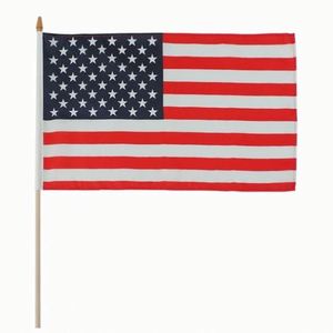 Bandera de Mano Personalizada con Logotipo, 100% Poliéster, Impresión en Satén, Asta de Plástico Resistente para Agitar con la Mano, Diseño Americano - Product Image 1