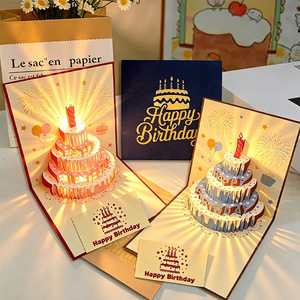 Biglietto d'<span class=keywords><strong>auguri</strong></span> 3D Pop-Up con Luce LED e Musica, Biglietto a Forma di Torta Fatto a Mano, Biglietto Personalizzato per Regalo di <span class=keywords><strong>Compleanno</strong></span> - Product Image 1
