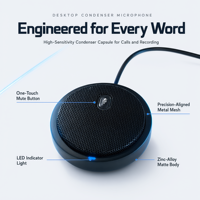 Microphone de bureau USB UM02, micro à condensateur omnidirectionnel avec lumière indicatrice, prise de son à 360 degrés pour ordinateur et ordinateur portable