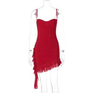 Abito Estivo da Donna 2026 ODM Stile Club con Scollo a V Asimmetrico, Plissettato e con Volant, Sexy e Dolce in Spandex/Nylon - Product Image 1