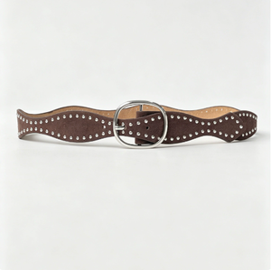 Ceinture rétro en cuir suédé marron doux, bord ondulé unique, petites clous argentés, boucle vintage en alliage ovale, largeur 3,8 cm, classique - Product Image 1
