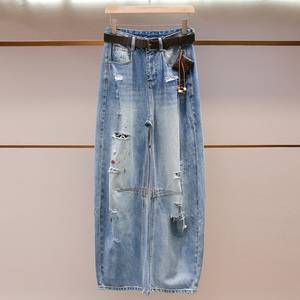 Jeans a gamba larga a vita alta da donna, stile casual alla moda, sottili, estivi, nuovo modello, effetto snellente, con strappi, a gamba dritta - Product Image 1