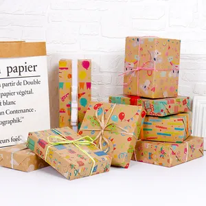 Hot Sell Kraftpapier Recyclebaar Gelukkige Verjaardag Schattig Patroon Kinderen Inpakpapier Rol Voor Geschenkverpakking