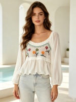OEM ODM Blus Chiffon Bordir Crochet Gaya Bohemian Wanita Atasan Seksi Musim Panas
