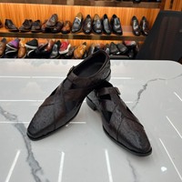 GL031-2 Sandales d'été tendance en cuir pour hommes, motif autruche gaufré, ajourées, chaussures décontractées d'extérieur en cuir véritable pour hommes