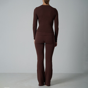 Conjunto de Pantalones y Camiseta de Manga Larga para Mujer, Mezcla de Algodón y Elastano, Color Sólido, Blanco Hueso, Marrón, Negro, Estilo Europeo y Americano, para Yoga, Marca SUHE - Product Image 5