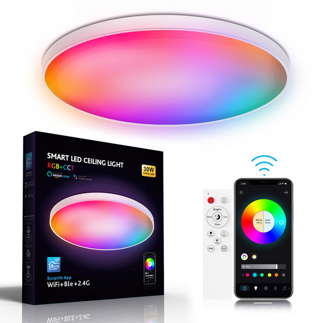 Smart 12-Inch RGB LED Ceiling Light WiFi App Control Remote Control 2700K-6500K Adjustable Color Temperature Modern Ultra-Thin