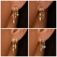 Boucles d'oreilles créoles à pampilles en argent sterling S925 avec rivets étoile et lune, trèfle à quatre feuilles et zircone cubique 5A