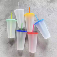 Gobelets magiques réutilisables en plastique écologique de 16 oz, imprimés sur mesure, qui changent de couleur selon la température, avec paille et couvercle