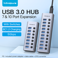 Hub USB 3.0 de 10 Puertos Mindpure, Divisor de Aluminio con Adaptador de 12V, Interruptores Individuales de Encendido/Apagado, 4 Puertos BC 1.2 de Carga Rápida, 5Gbps