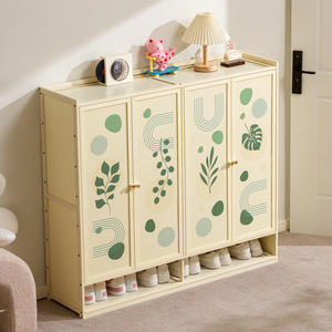 Cream Colored Bamboo <b>Shoe</b> Cabinet Double Door Modern Wabi Sabi Style Space Saving <b>Storage</b> For Home Entryway - Product Image 2
