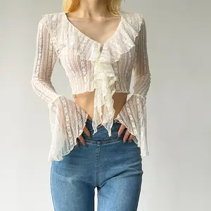 Phụ Nữ Ren Áo Cánh Y2K Crop Top Sexy Gothic Grunge Nữ Áo Sơ Mi Thanh Lịch Màu Đen Trong Suốt Cardigan Hàn Quốc Thời Trang Phố