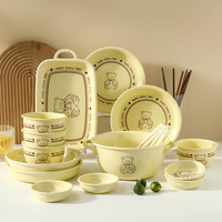 Ensemble de bols et assiettes en porcelaine pour enfants Lucky Bear, design de dessin animé, passe au micro-ondes, bol à double anse