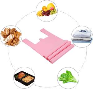 Sacs de T-shirt en plastique rose avec poignées, sacs d'épicerie pour supermarché, restaurant, 12x20 pouces (50 pièces) - Product Image 4