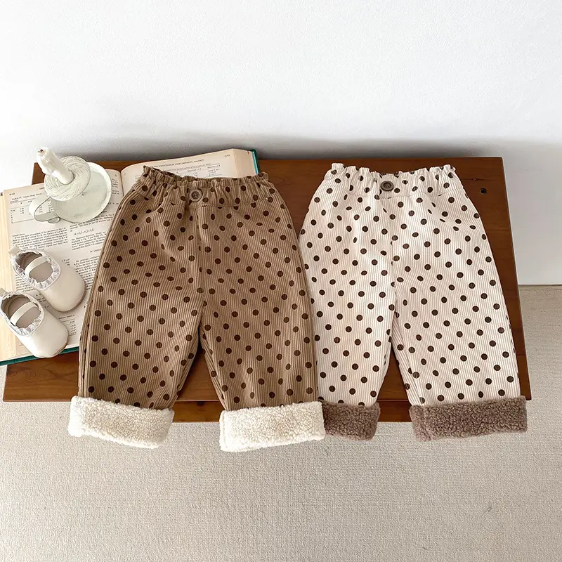 Celana panjang anak-anak bayi, celana panjang korduroi motif bintik katun Plus, celana musim dingin 2023