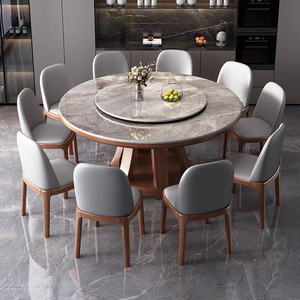 Mesa de Comedor Redonda Grande con Base Giratoria de Piedra Sinterizada y Marco de Madera Sólida para el Hogar - Product Image 1
