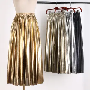 Vrouwen Vintage Lange Geplooide Solid Flared Midi Rok Elegant Mid-Kalf Rijk Shiny Maxi Rok EB333-1611-38