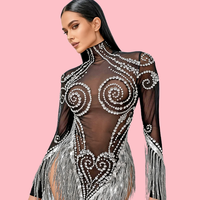 Robe de soirée sexy noire à franges en strass pour femmes, tenue de scène à paillettes, tenue de festival, costume de danseuse Gogo