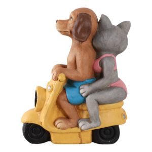 Statua da giardino in resina di cane e gatto che guidano uno scooter, decorazione da esterno per patio. - Product Image 4