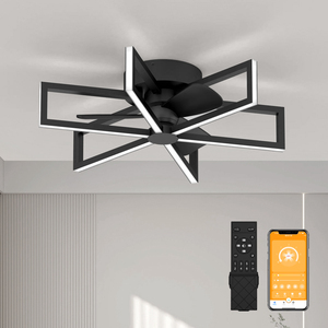 Ventilateur de plafond géométrique noir à 6 lumières avec éclairage, profil bas, LED, télécommande et contrôle par application pour chambre et salon - Product Image 1