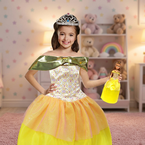 Disfraz de Princesa con Corona y Set de Muñeca para Unisex de 8 a 13 Años, Falda de Tul Amarillo Dorado, Muñeca de Moda Incluida de 29 cm - Product Image 1