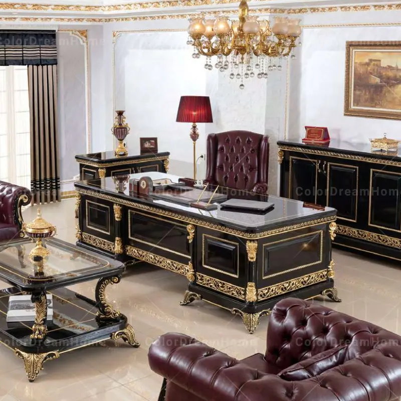 Turquie Mobilier de bureau de luxe en bois sculpté Bureau de direction en bois massif sculpté Bureau et chaise