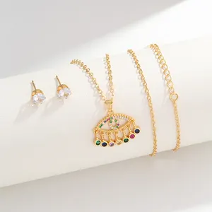 CDD New Design Turkish Eye Pendant Chain Zircon Colorful Crystal Evil Eye Necklace Female Lucky Jewelry Set