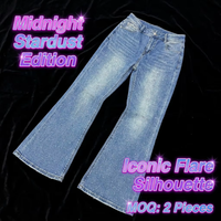 Jean en denim déchiré taille haute micro-évasé Y2K scintillant avec cristaux, coupe ample respirante, jambe large, longueur genou, style fête mignon pour femme