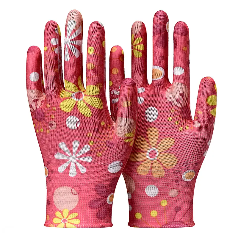 Direct Wholesale Nylon Pu Gloves Polyurethane Palm Fit Safety No Glue Flower Color Work Gloves