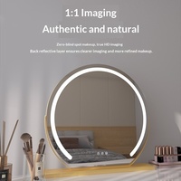 Miroir de maquillage intelligent de bureau avec cadre rond en métal doré LED, 1x grossissement, avec lumières LED à 3 couleurs réglables pour la chambre à coucher