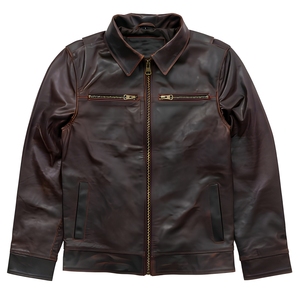 Chaqueta de Cuero Genuino Marrón Vintage para Hombre, Cuello Camisero, Cierre de Cremallera, Bolsillos Delanteros, Abrigo de Otoño - Product Image 1