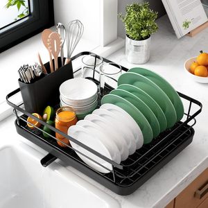 Estante de secado de platos negro para mostrador de cocina con soporte para cubiertos Organización de fregadero de acero inoxidable y elementos esenciales de almacenamiento - Product Image 1