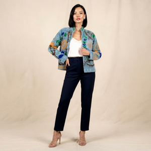 Veste en velours brodée Suzani bleue faite à la main pour femme, manteau ethnique bohème floral, vêtements d'extérieur de mode en gros pour boutiques - Product Image 1