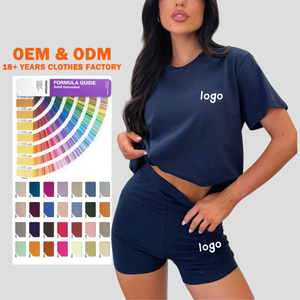 Ensemble de vêtements décontractés pour femmes, vente en gros, été, deux pièces, nouveau, couleur unie, t-shirt court à manches courtes, short décontracté, legging - Product Image 1