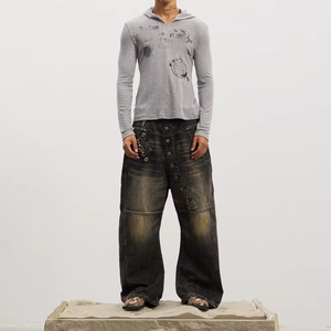 Custom Mud Printed <b>Jeans</b> Straight <b>Buttons</b> Eco-friendly High Quality 100% Cotton Vintage Washed Mud Men's Denim Baggy <b>Jeans</b> - Product Image 2