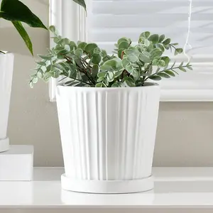 2023 New European-style ceramic pots for plants white stripe flower vase with tray smart home products factory wholesale