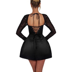 Summer New Sequined Long Sleeve Dress Casual Lace up Press Meeting Chest-Wrapped Women - Product Image 5