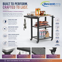 Chariot de service portable pour barbecue avec plateau en acier inoxydable brossé, extension noire et crochets en S